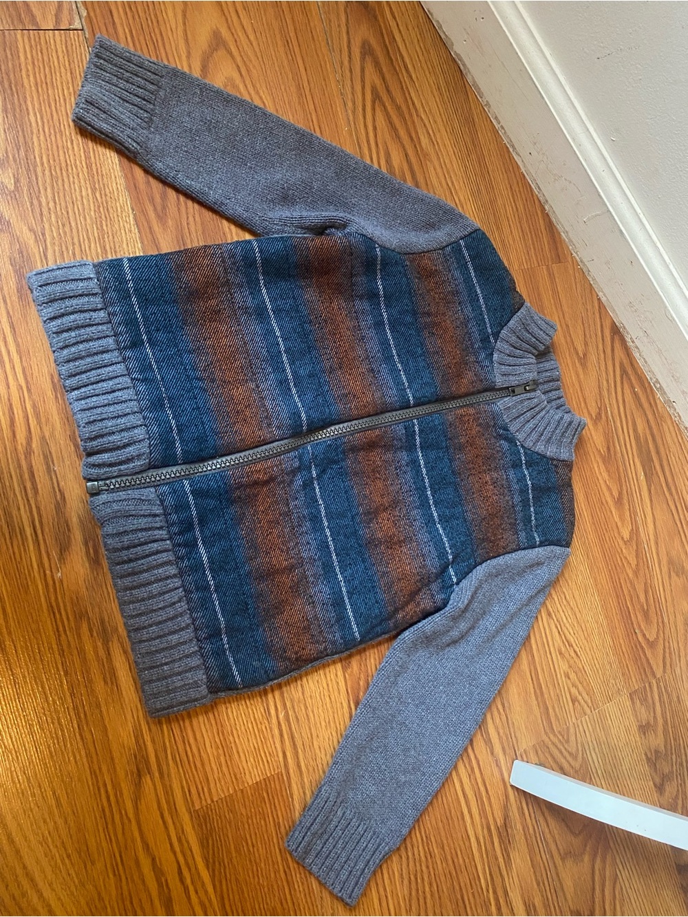 Cat & Jack Gray Zip-Up Sweater with Blue and Brown Stripes / Fleece inside